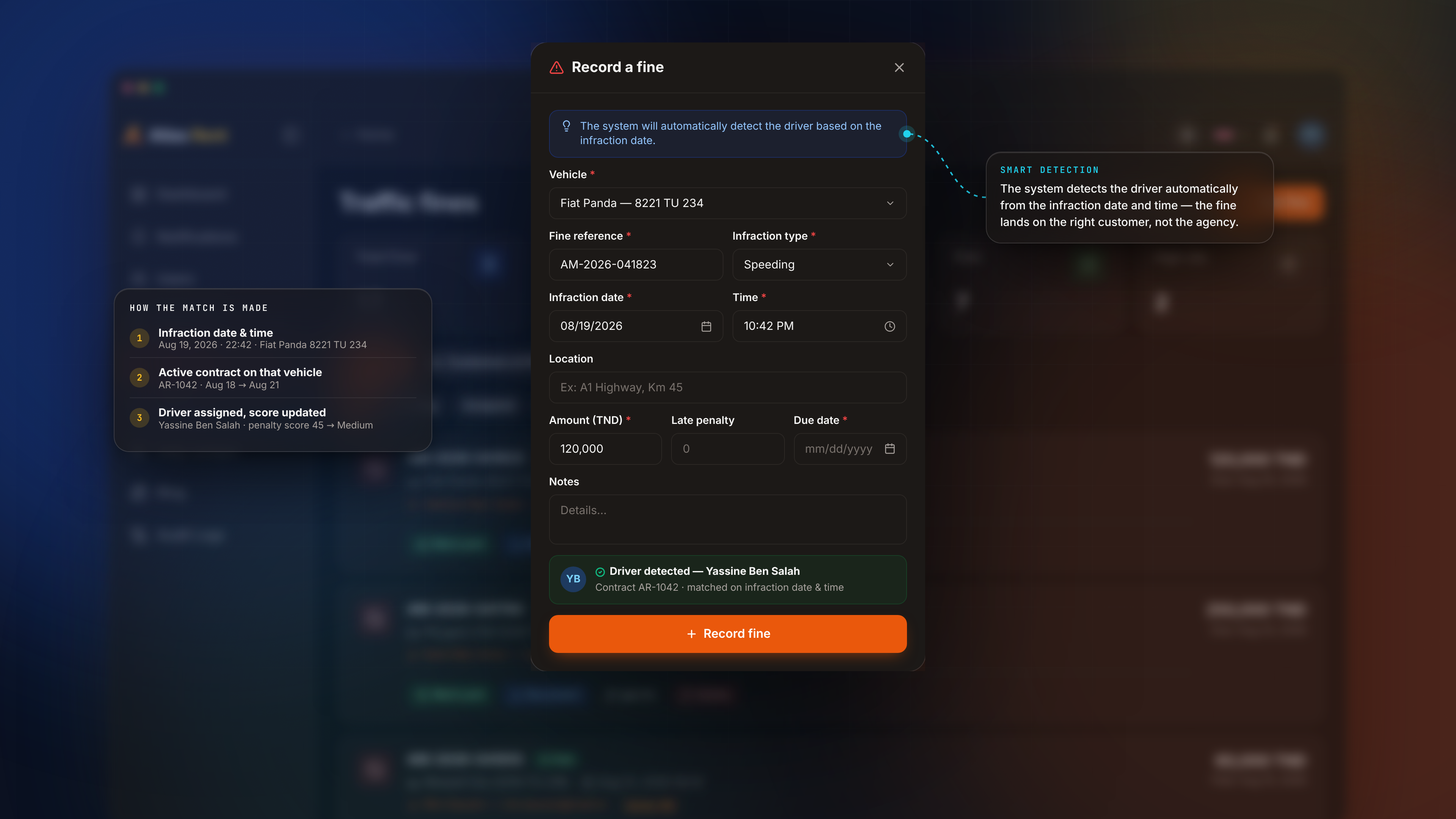Admin Features — Record fine modal dark