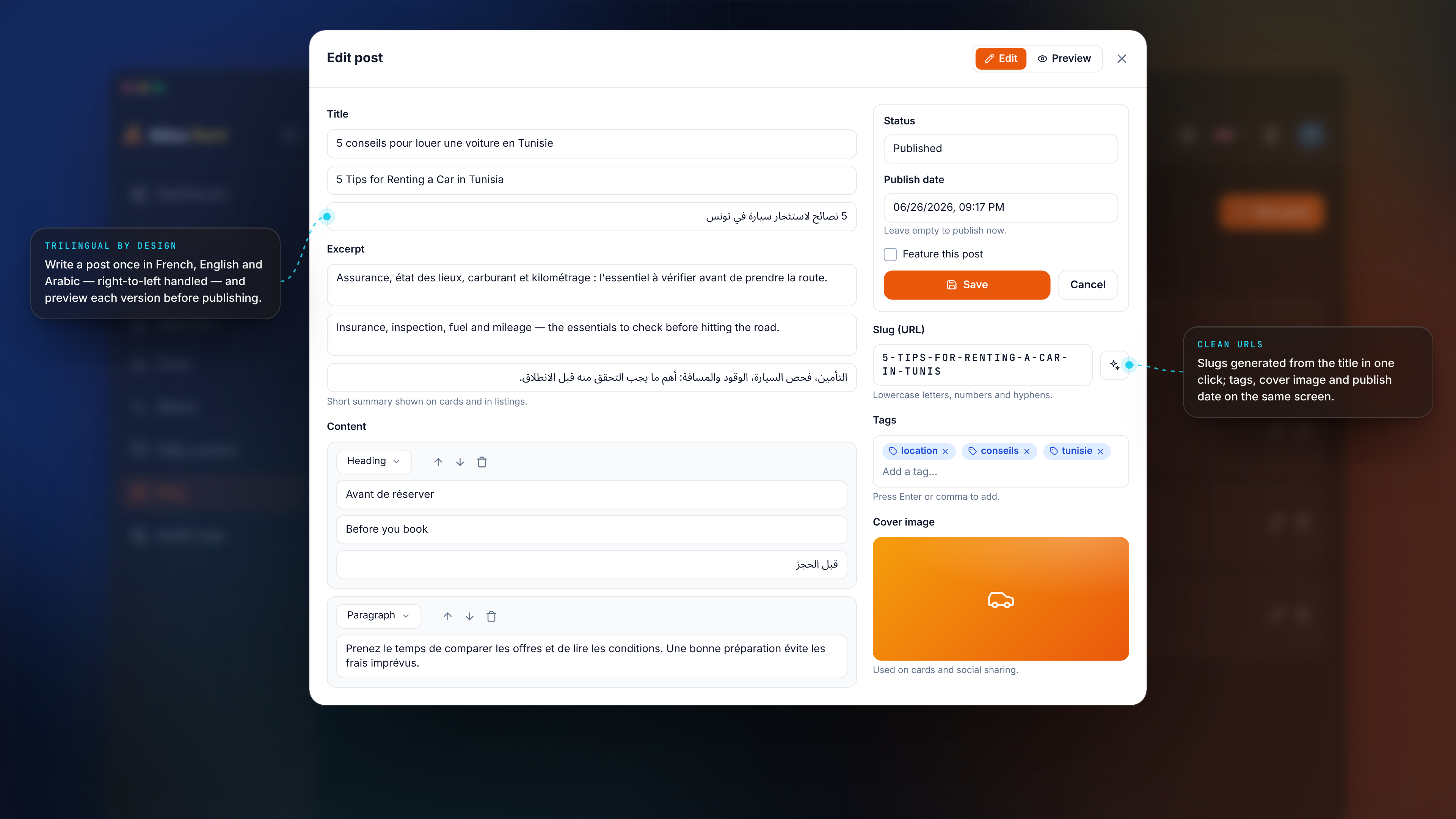 Admin Features — Blog editor trilingual