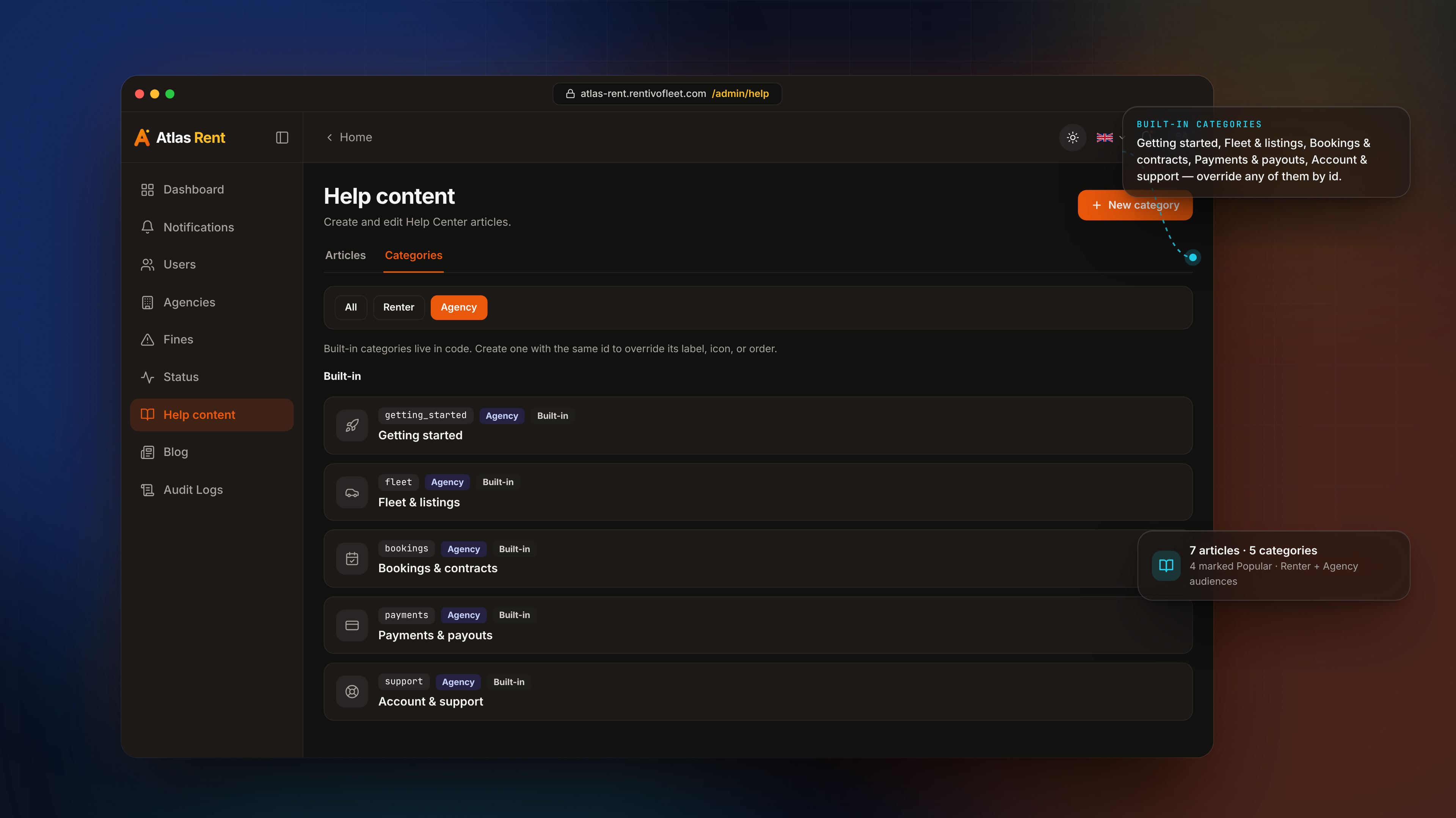Admin Features — Help content categories dark