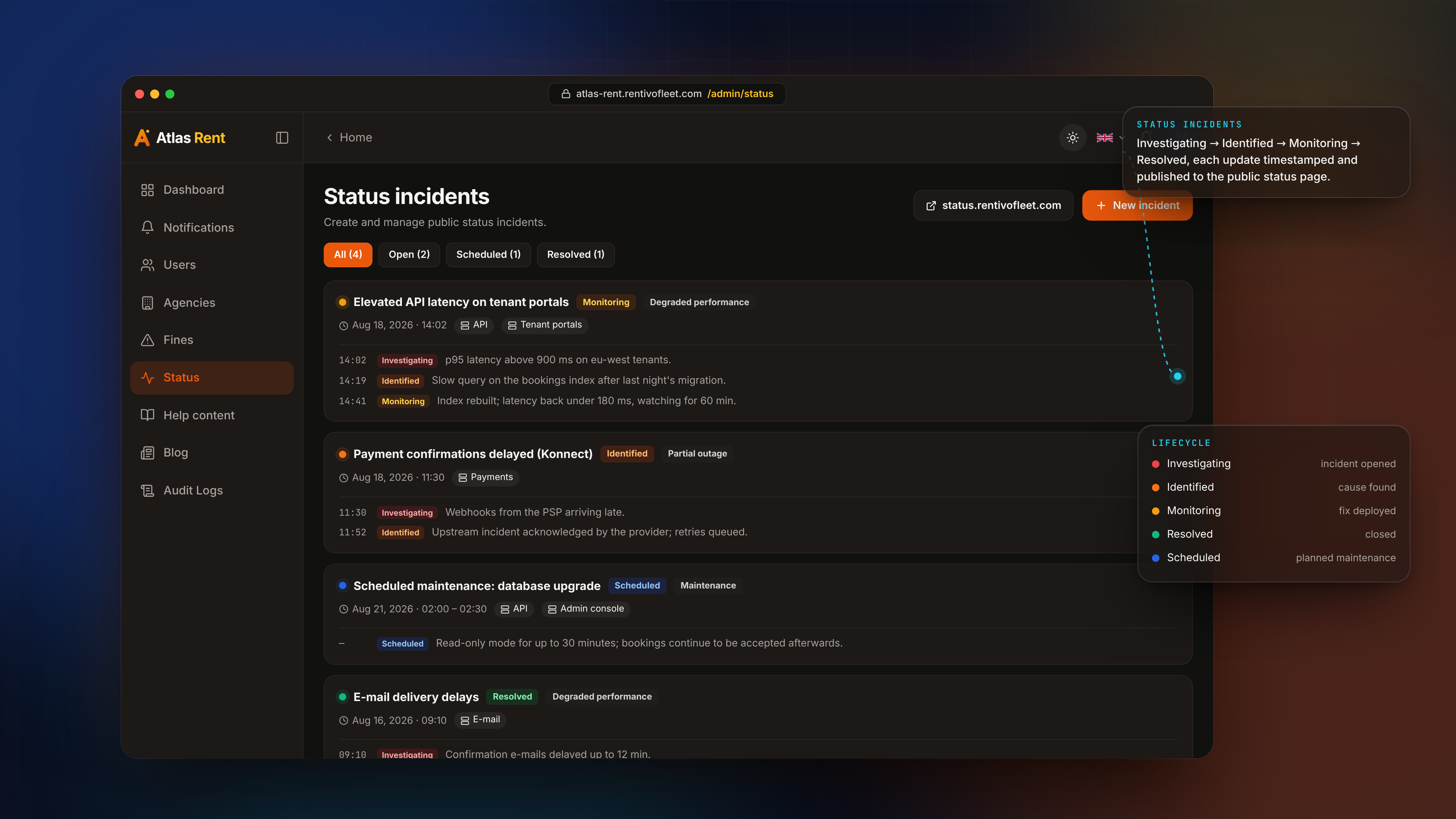 Admin Features — Status incidents dark