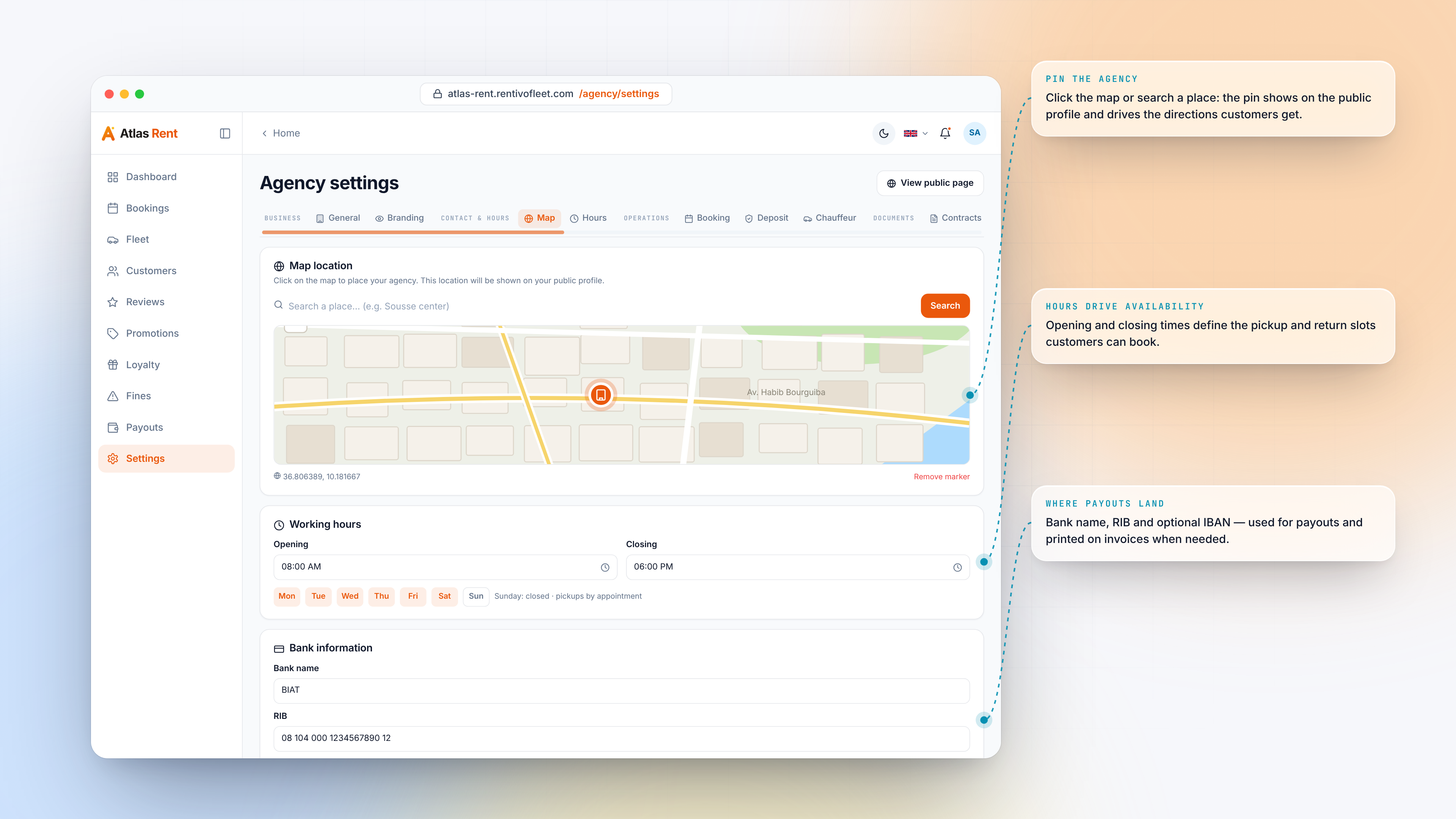 Agency Settings — Settings map hours bank light