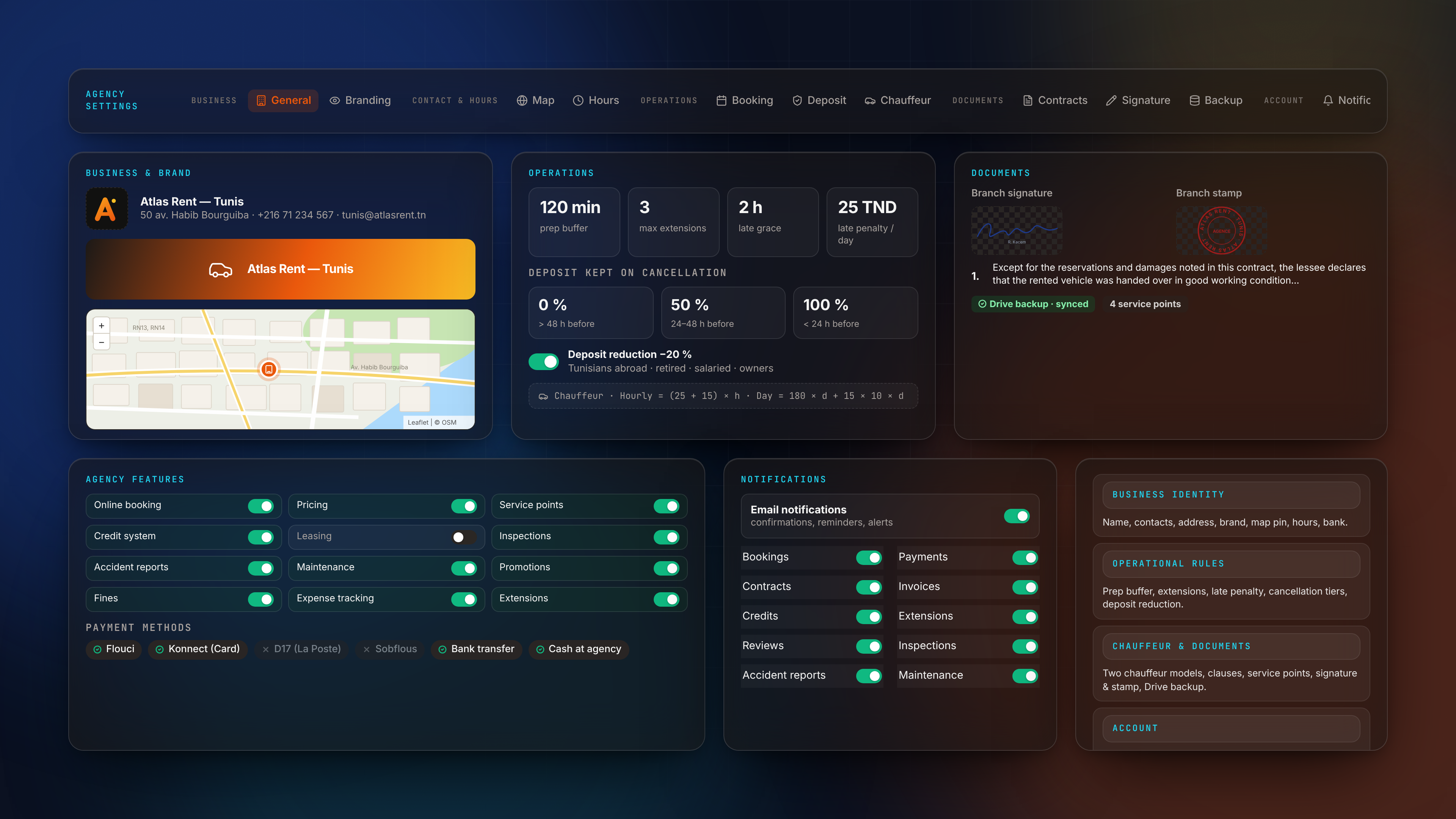 Agency Settings — Settings combined bento dark
