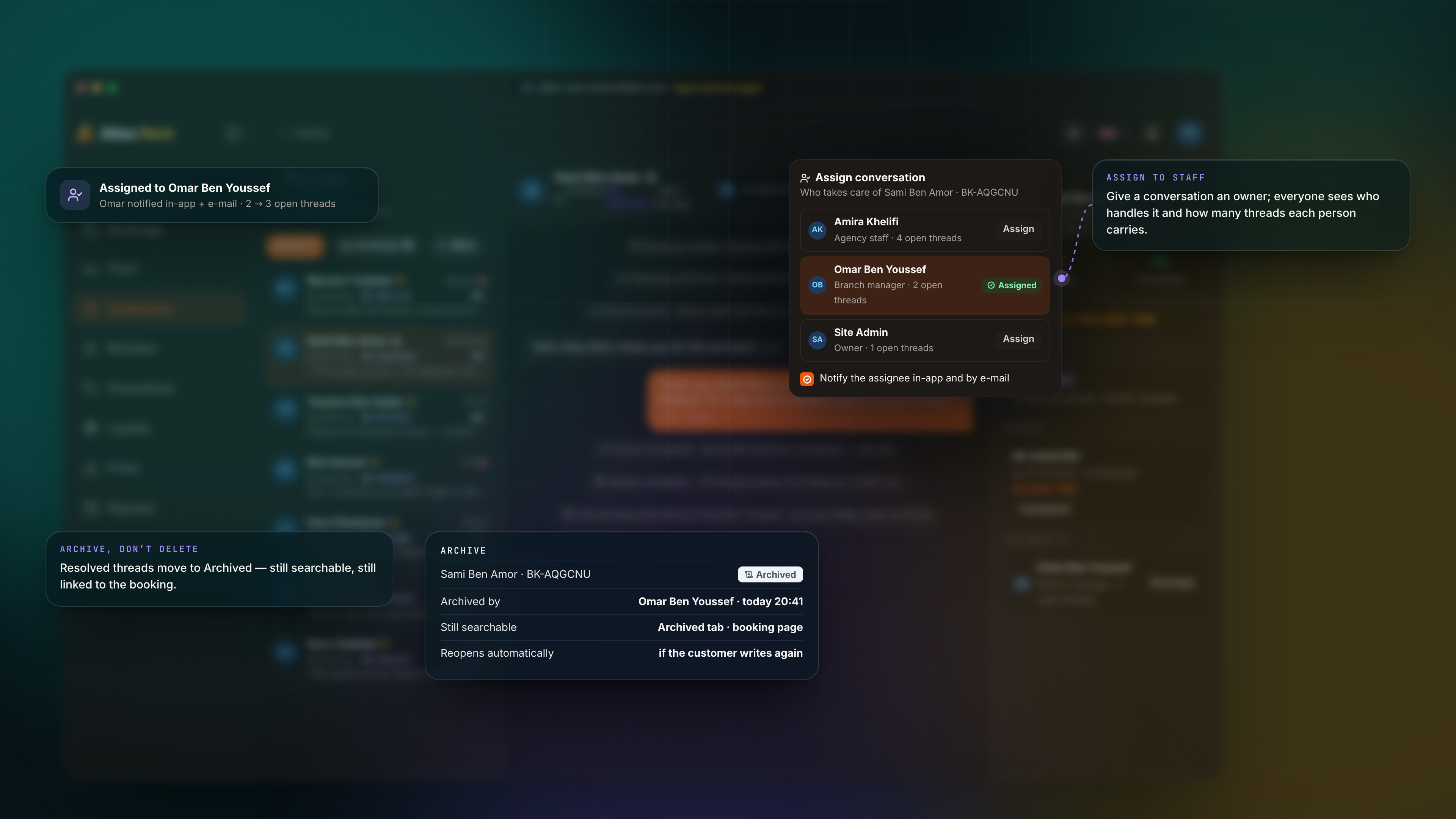 Dashboard, Notifications & Messages — Messages assign archive dark