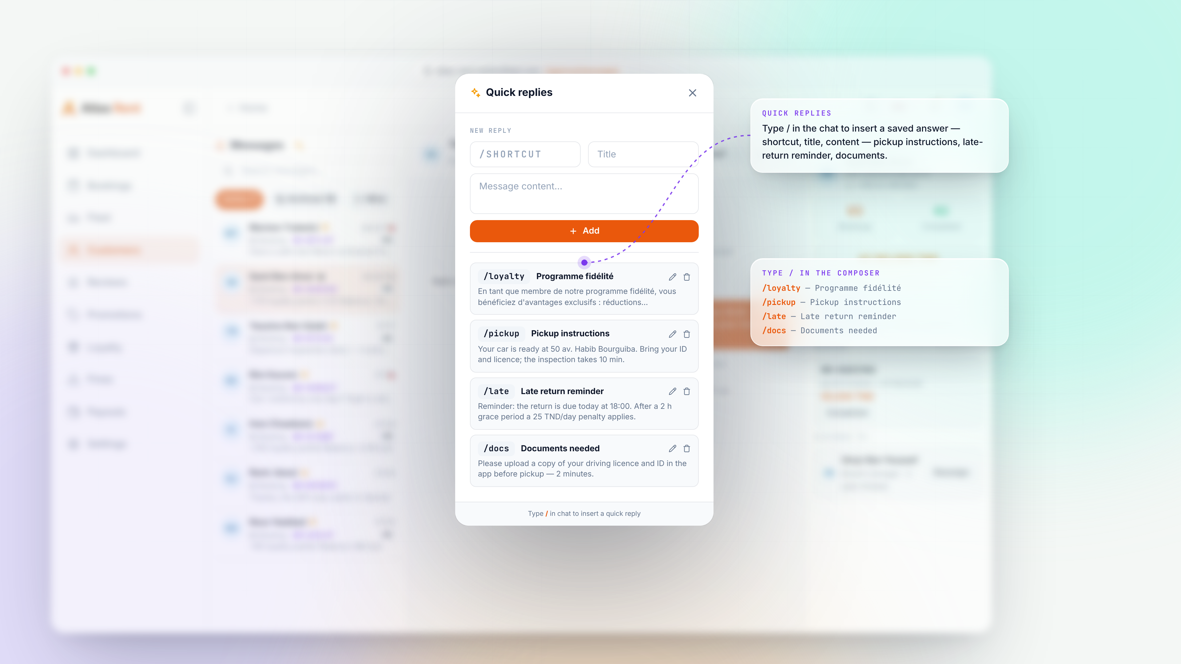 Dashboard, Notifications & Messages — Quick replies modal light