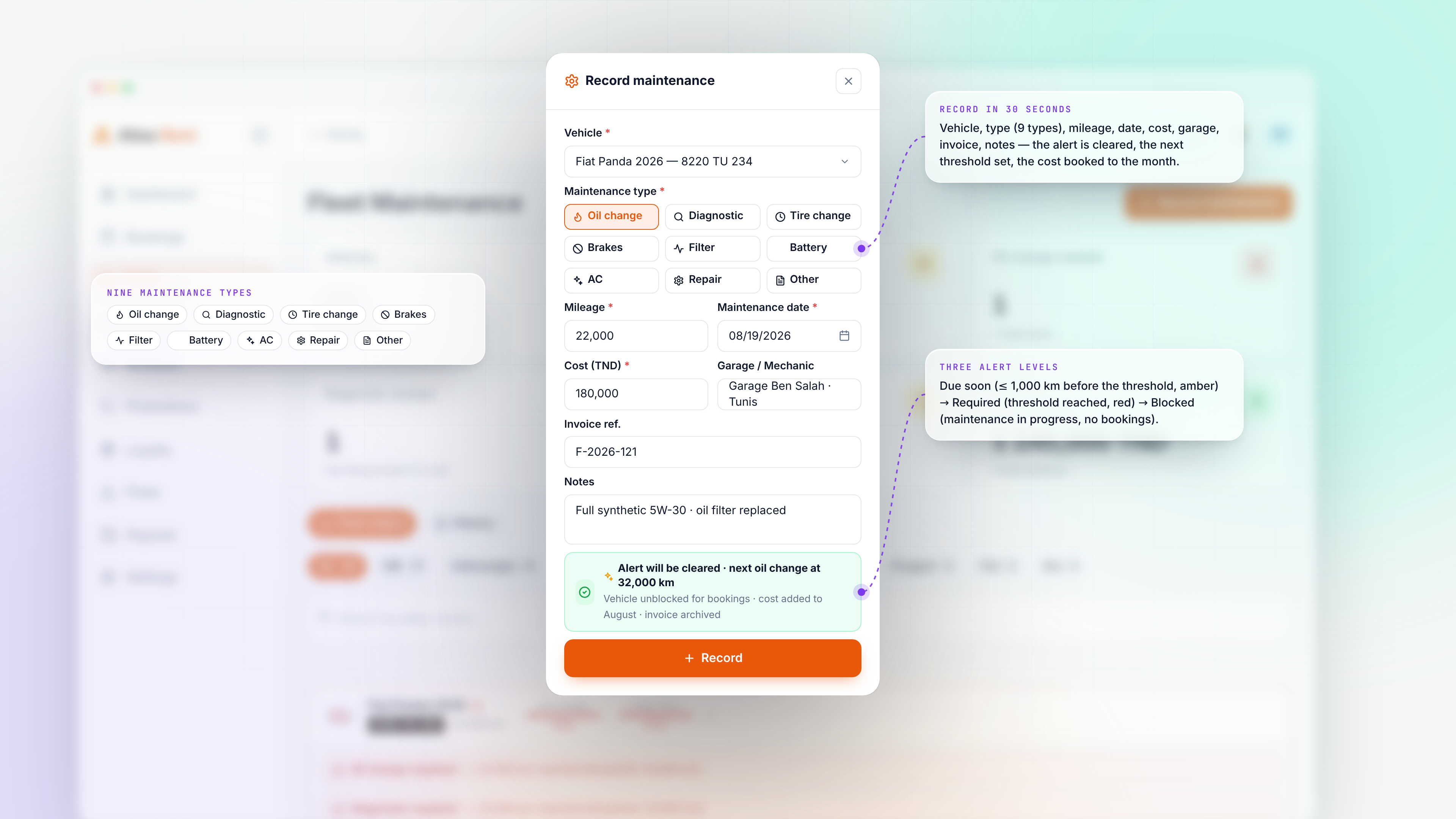 Fleet Maintenance — Record maintenance modal light