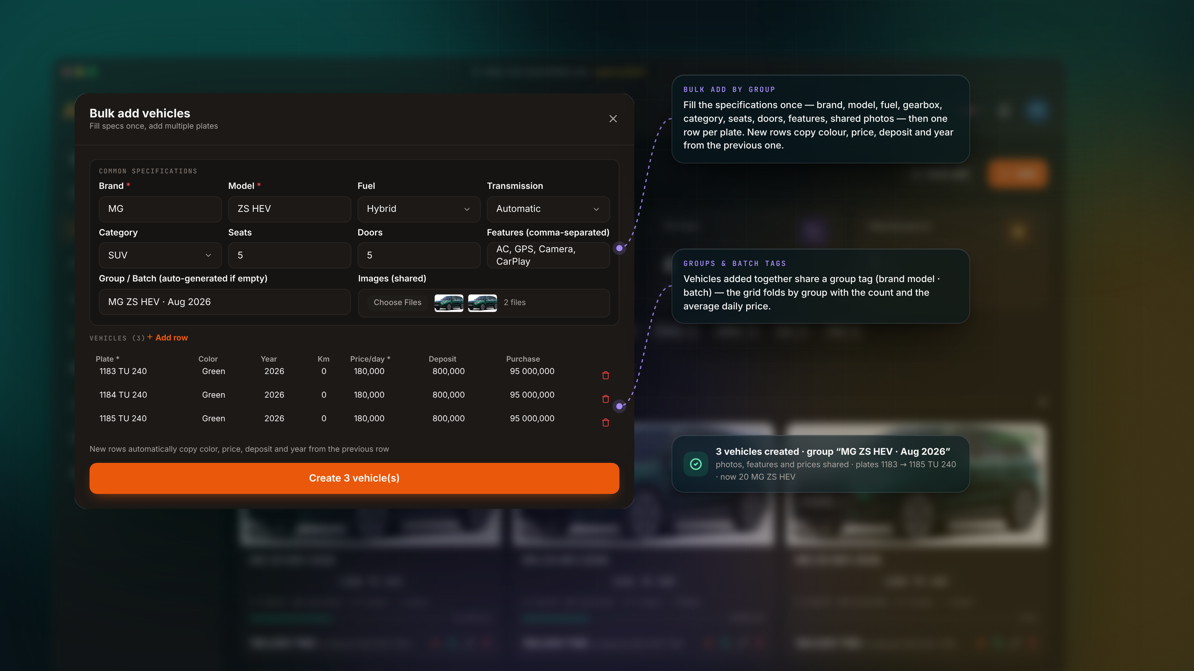 Fleet Management — Bulk add modal dark