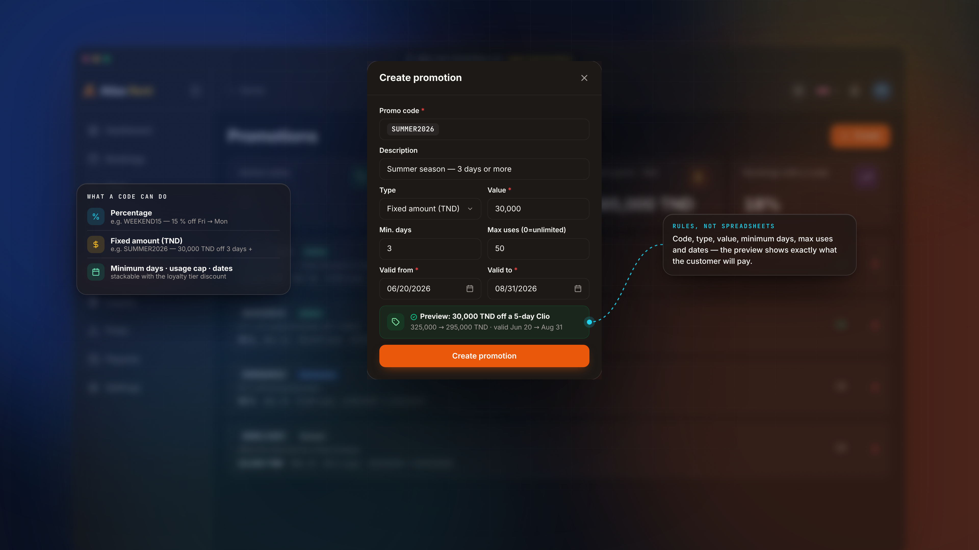 Reviews, Promotions & Loyalty — Create promotion modal dark