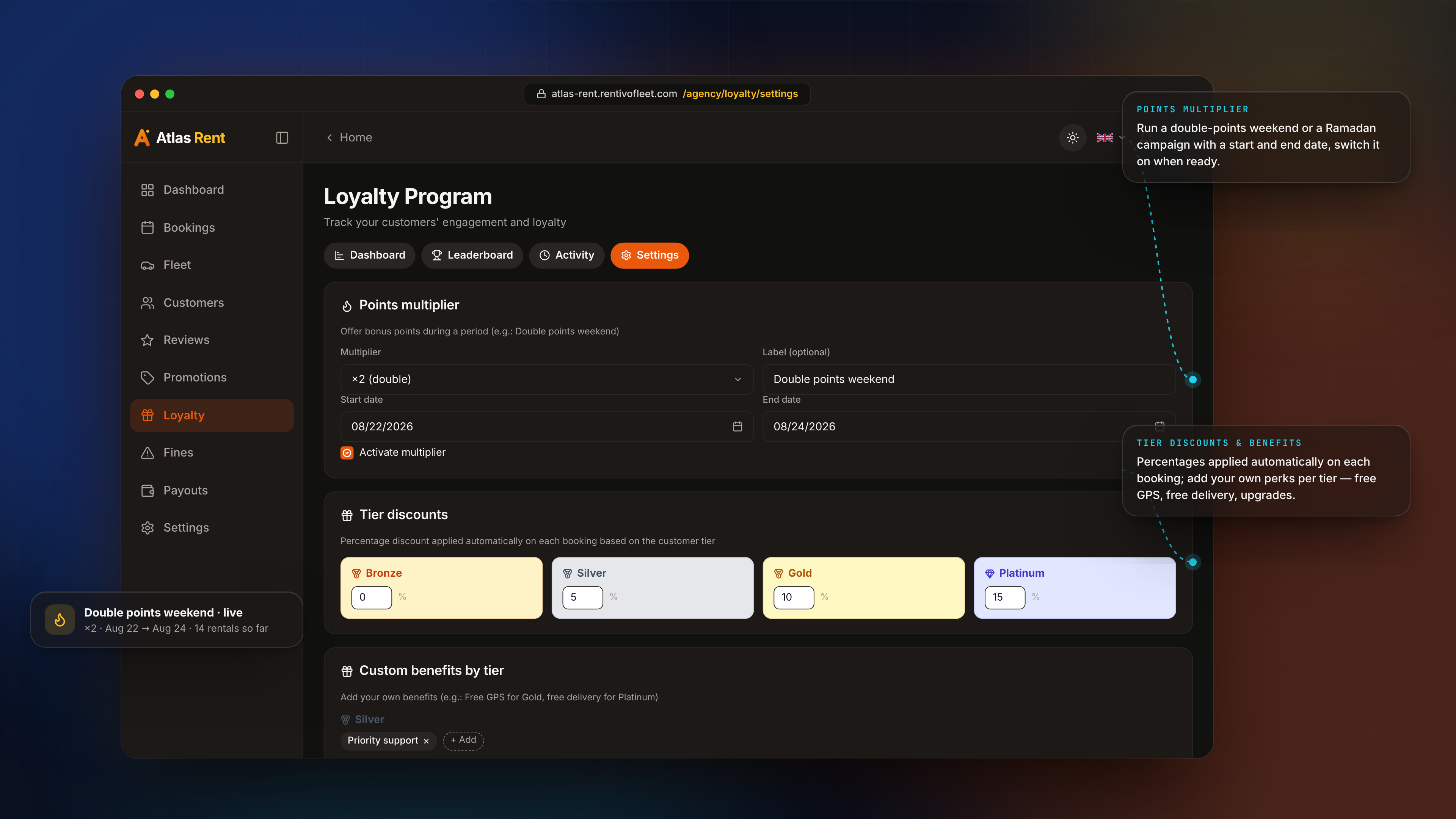 Reviews, Promotions & Loyalty — Loyalty settings dark